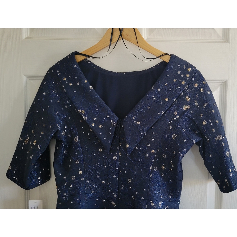 Rickie Freeman for Teri Jon Navy and Gold Midi Dress - Picture 10 of 11